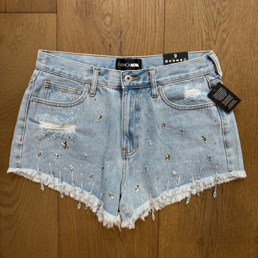 Fashion Nova light-wash denim shorts rhinestone studded design frayed raw hem
